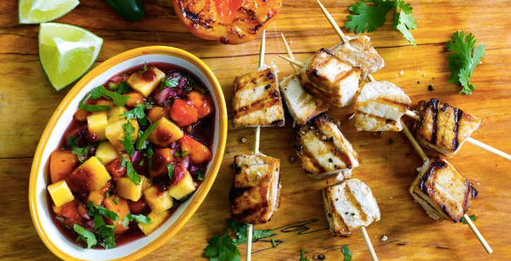 Grilled Swordfish Kebabs with Peach Raspberry Lime Rickey Salsa